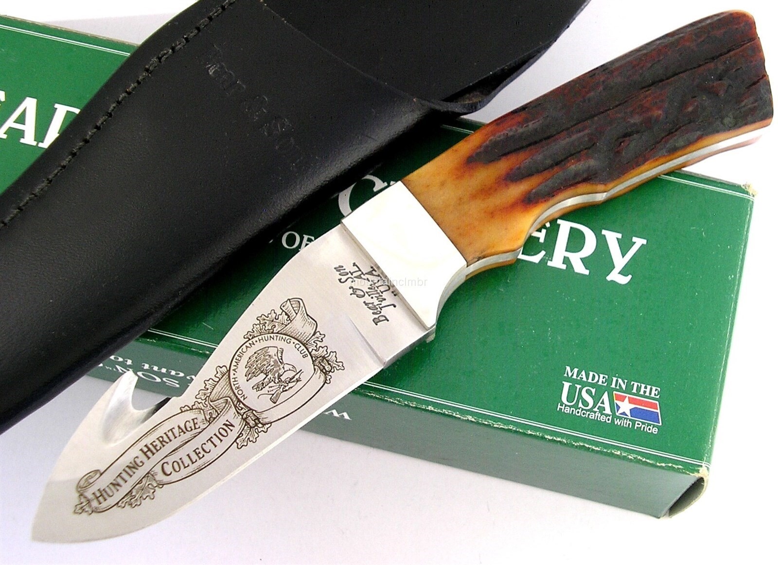 Bear & Son USA RARE YEAR 2000 NAHC Heritage Guthook Fixed Blade Stag Bone Knife