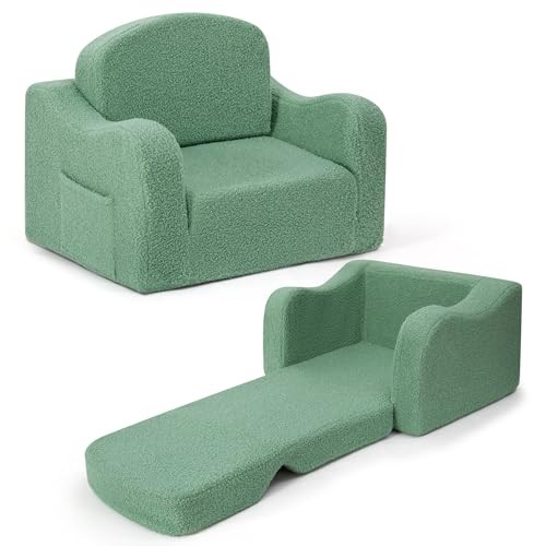 Comfy Toddler Chair & Kids, 2-in-1 Soft Couch Fold Out for Green Teddy Velvet