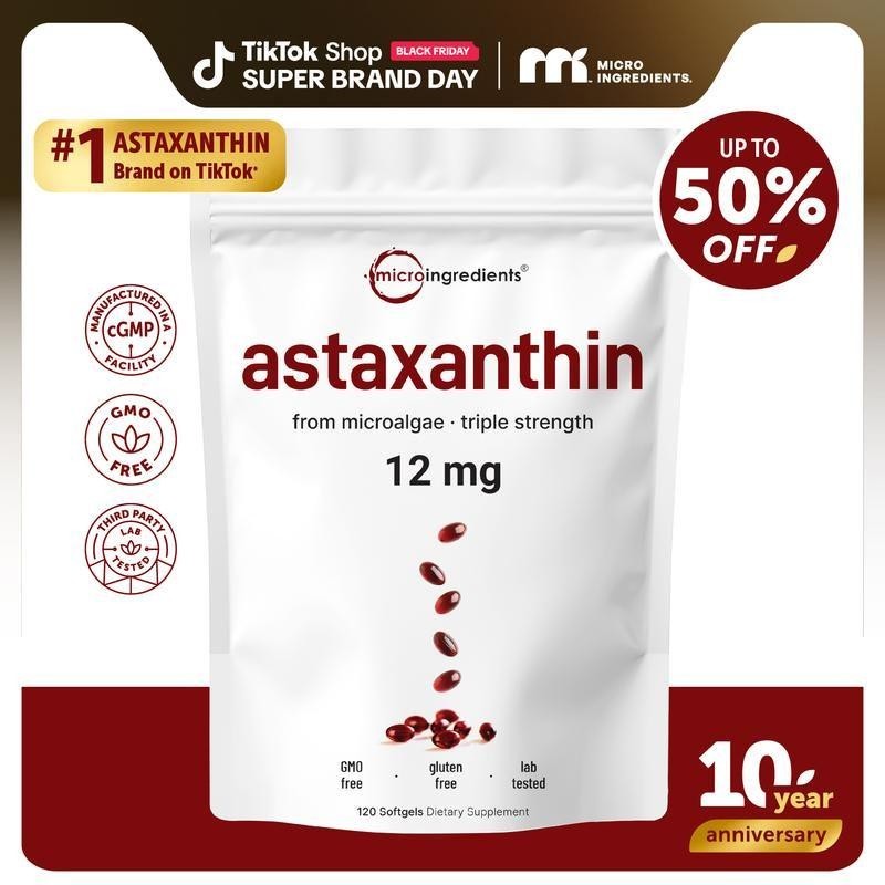 Micro Ingredients Astaxanthin 12mg, 120 softgels, tanning pills, Strength