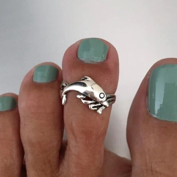 Valentine's Day Adjustable Solid Metal Dolphine Toe Ring For Women's 925 SS