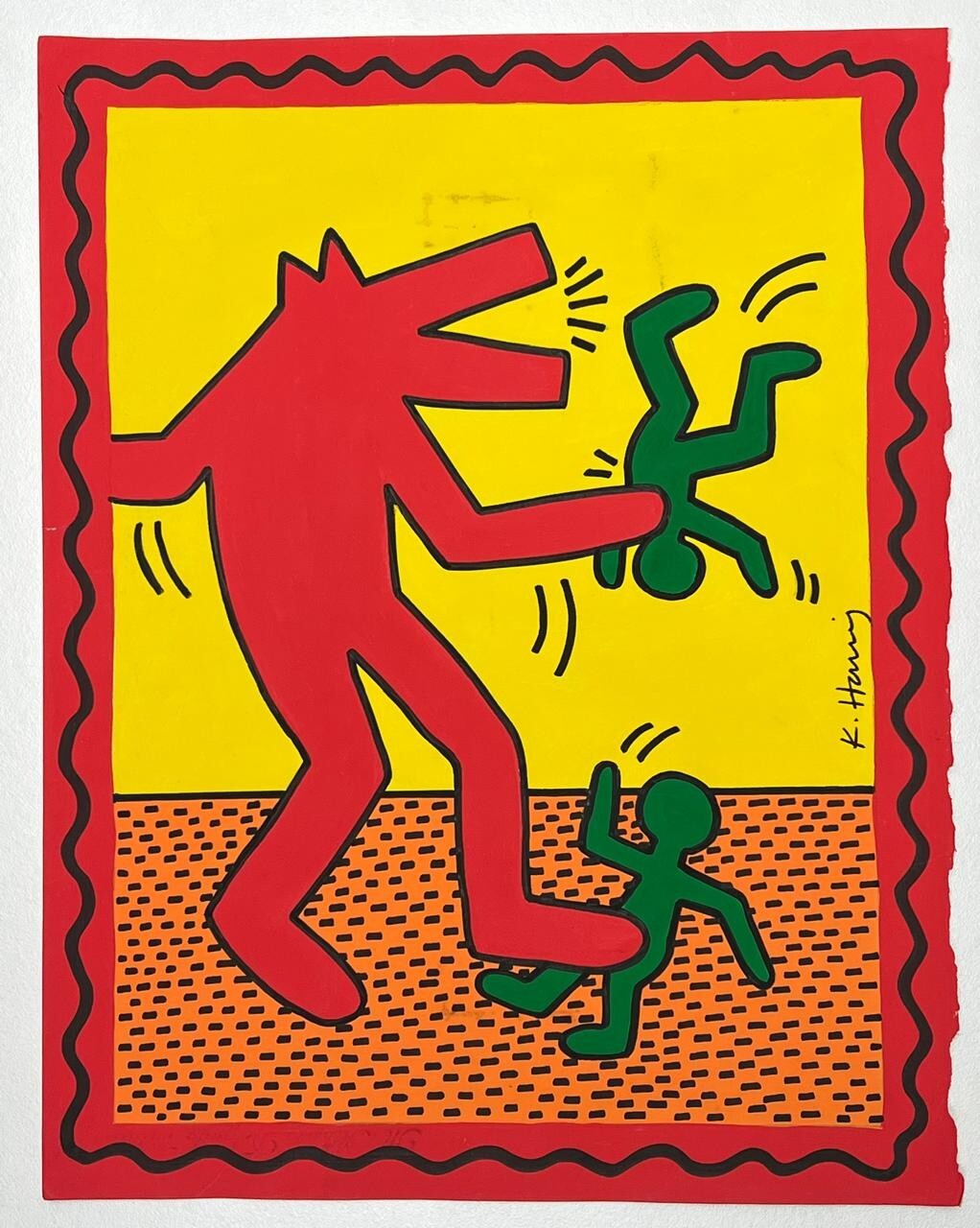 Keith Haring (Handmade) Drawing On Old Paper Signed & Stamped, vtg art