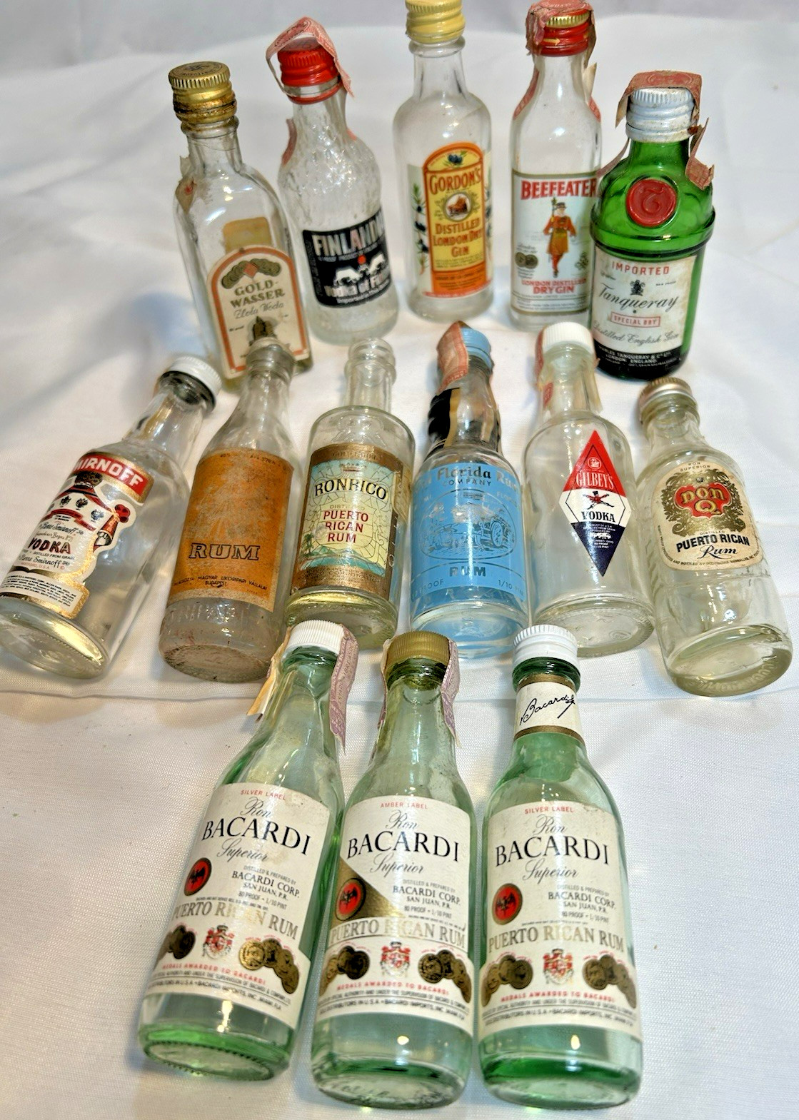 Miniature Liquor Bottle Lot Of 14 Gin, Vodka, Rum 4.5” Empty 1/10 Pint Glass
