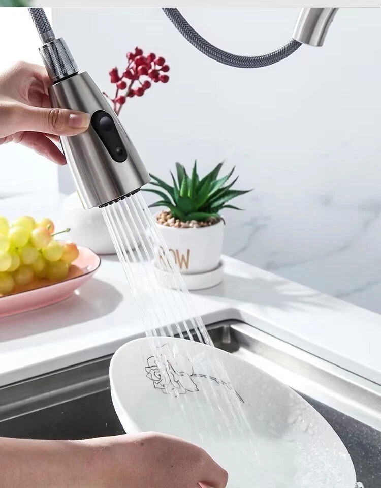 Kitchen Sink Faucet Brushed Nickel Single Handle Swivel Pull Down Sprayer Mixer