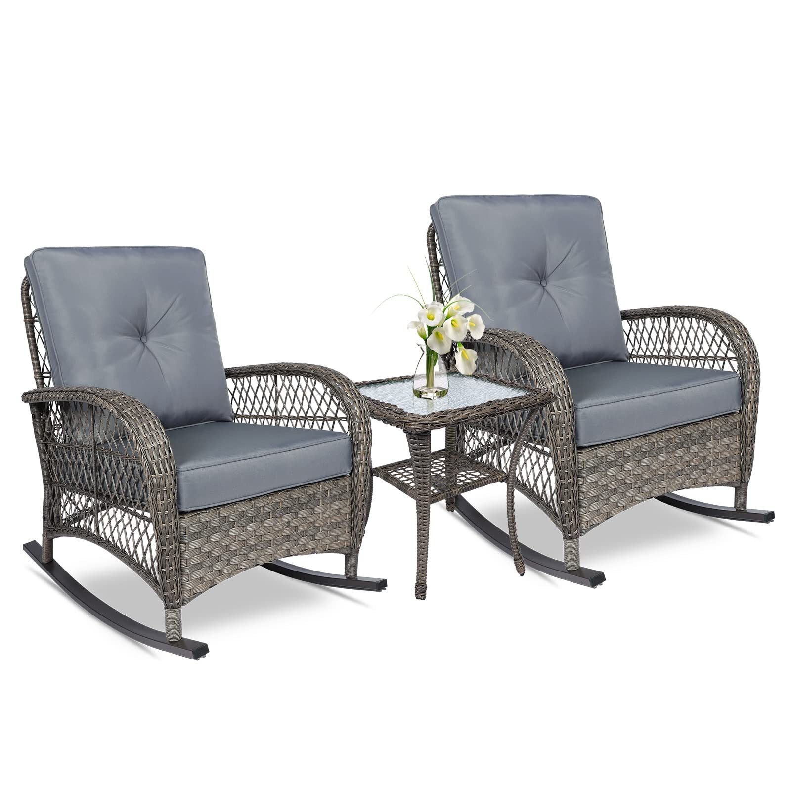 Outdoor Wicker Rocking Chair Patio Rattan All-Weather Rocker Chair W/ Cushions