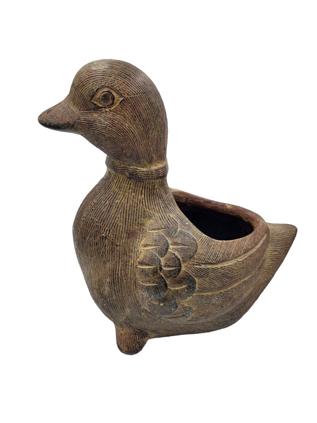 Vintage Handcarved Handmade Stone Clay Duck Planter Thailand  8.5" Tall