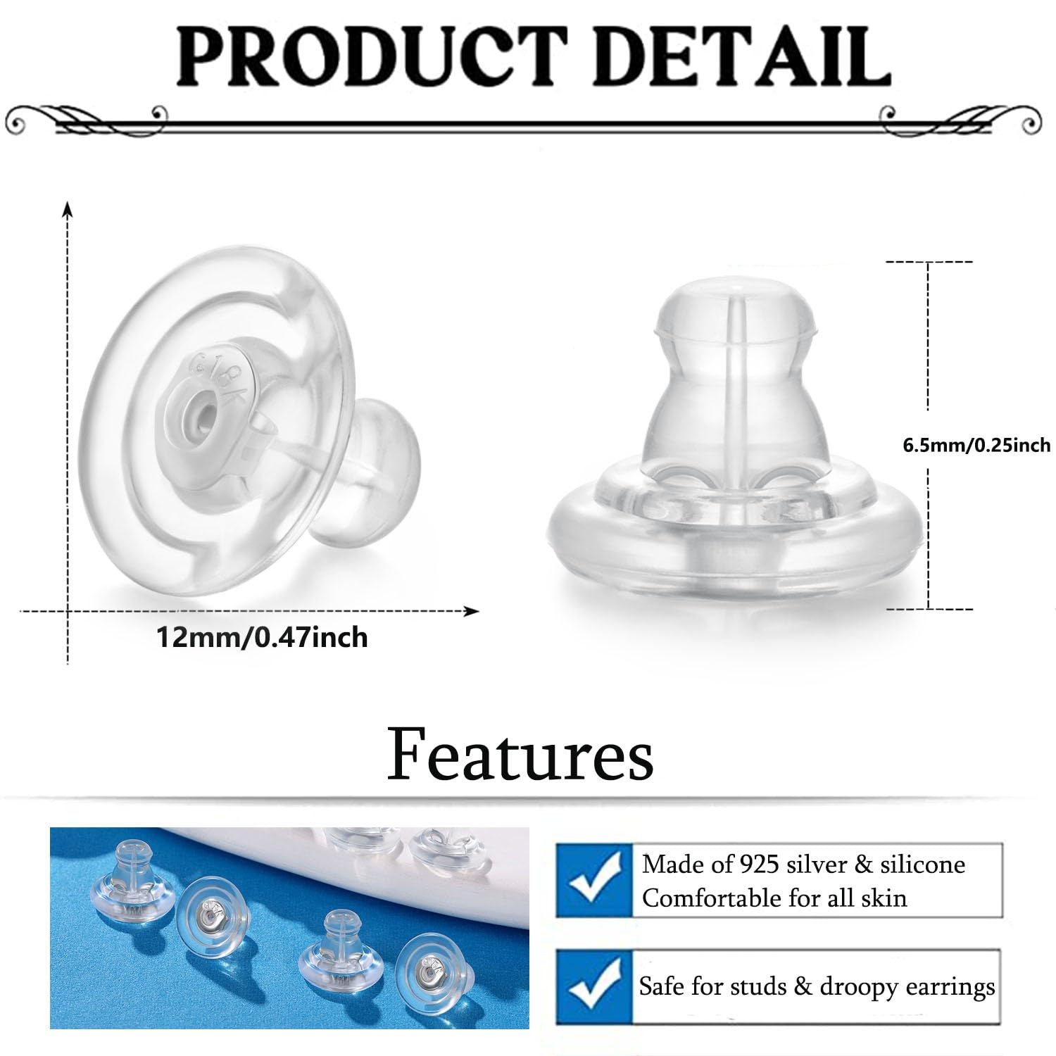 Earring Backs 14K White Gold Locking Secure Earring Backs for Studs, Secure H...