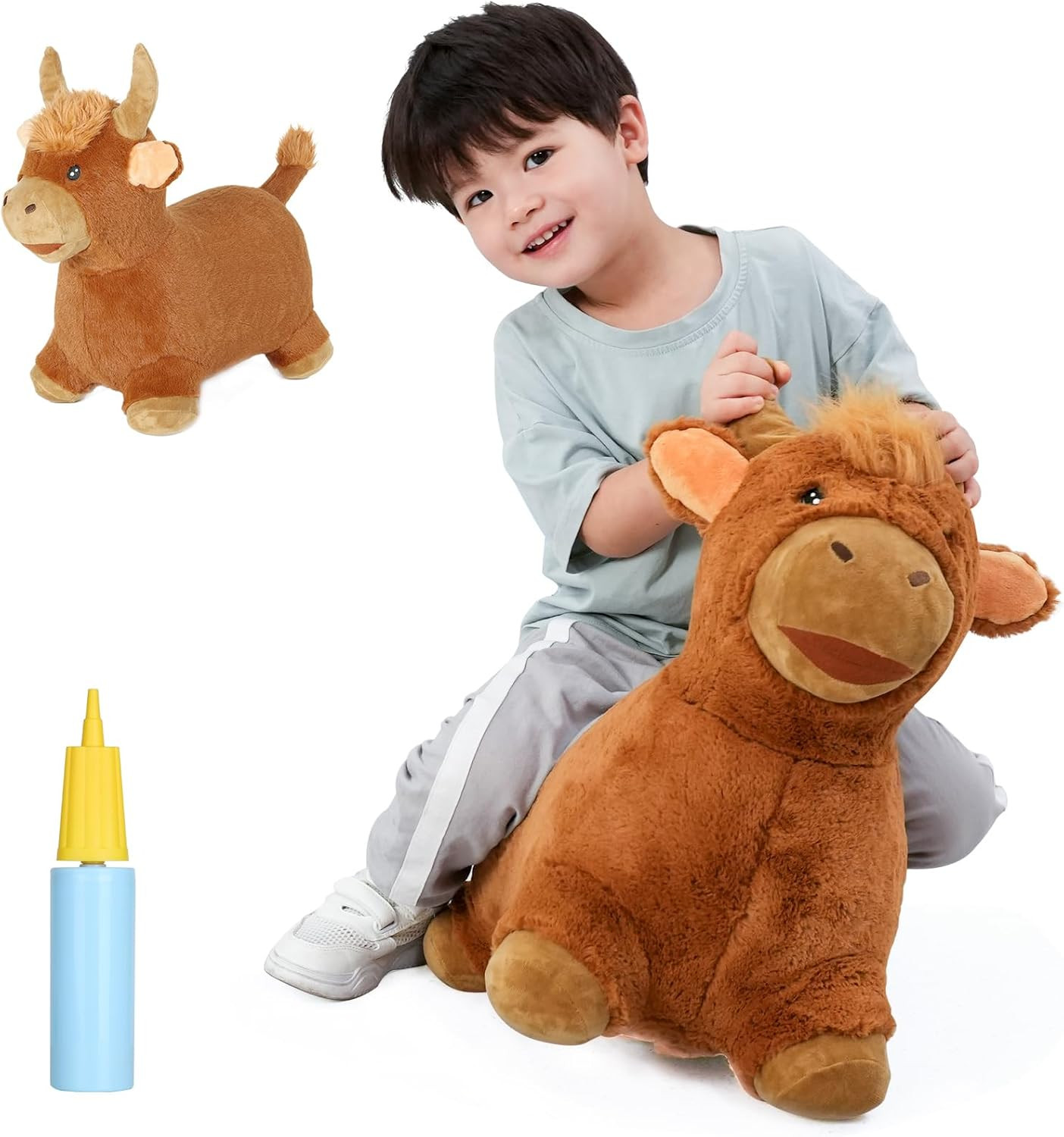 Bouncy Bull Hopping Toys - Toddler Brown Plush Cow Hopper, Kids Inflatable Farm