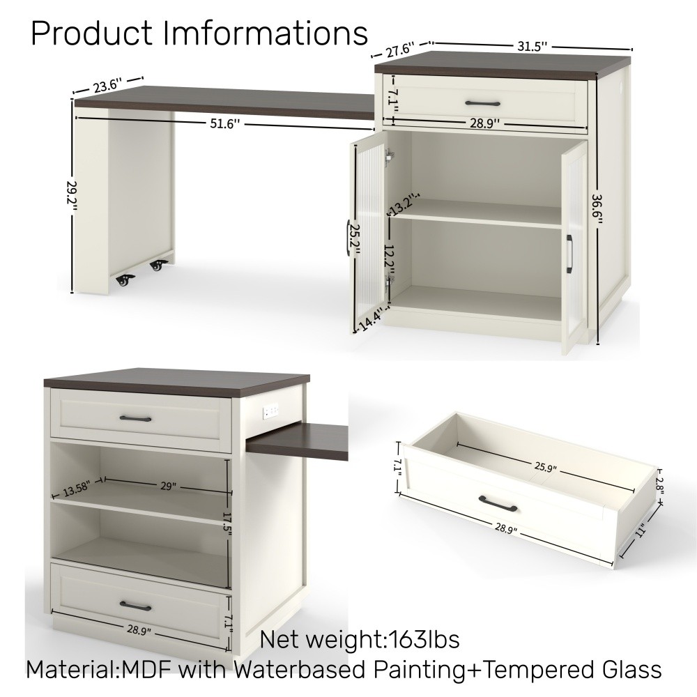 Extendable Kitchen Island Table with Power Outlet Storage Glass Doors Walnut