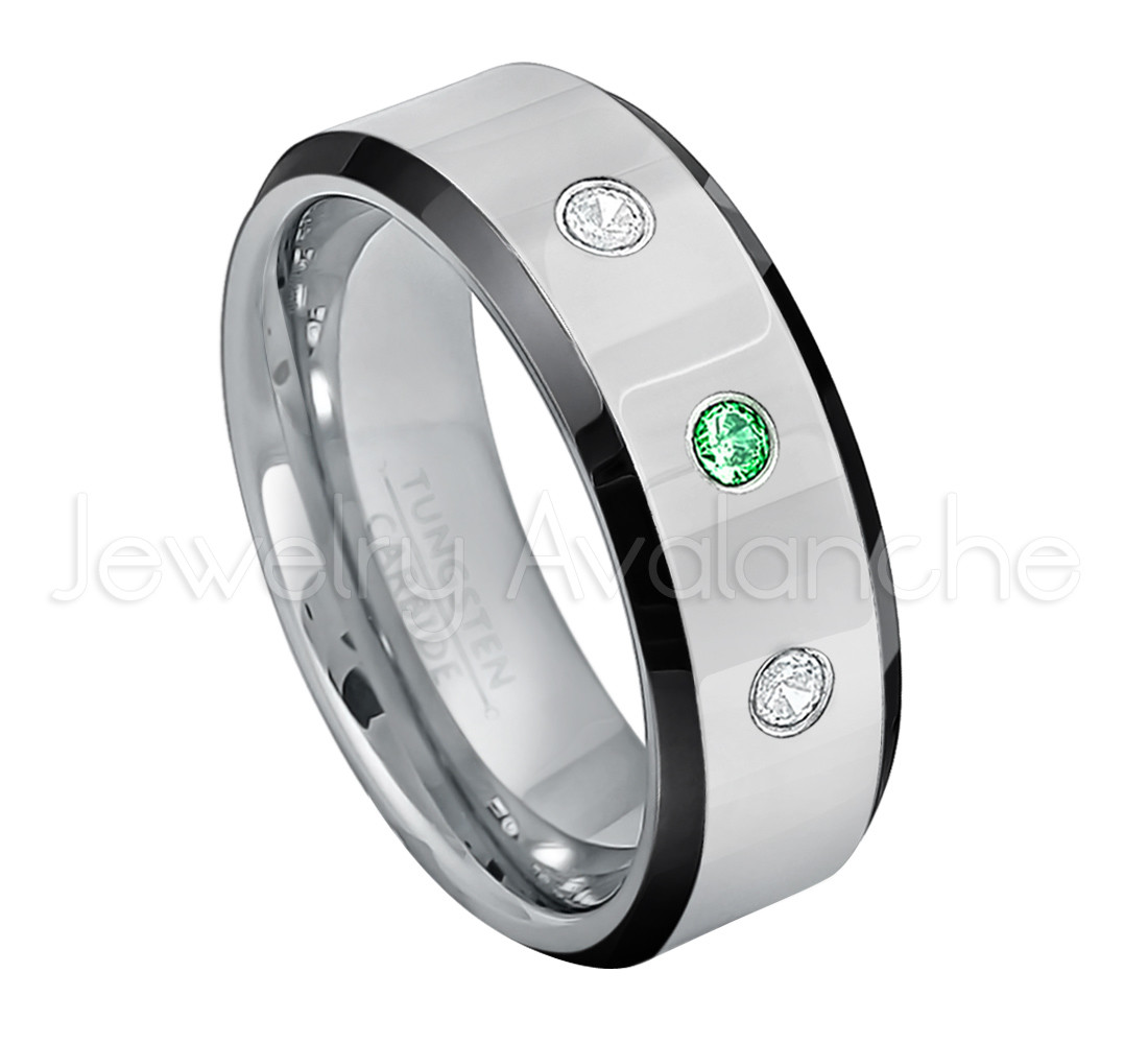 Tungsten Ring, 0.21ctw Tsavorite & Diamond 3-Stone Ring, January Birthstone #218