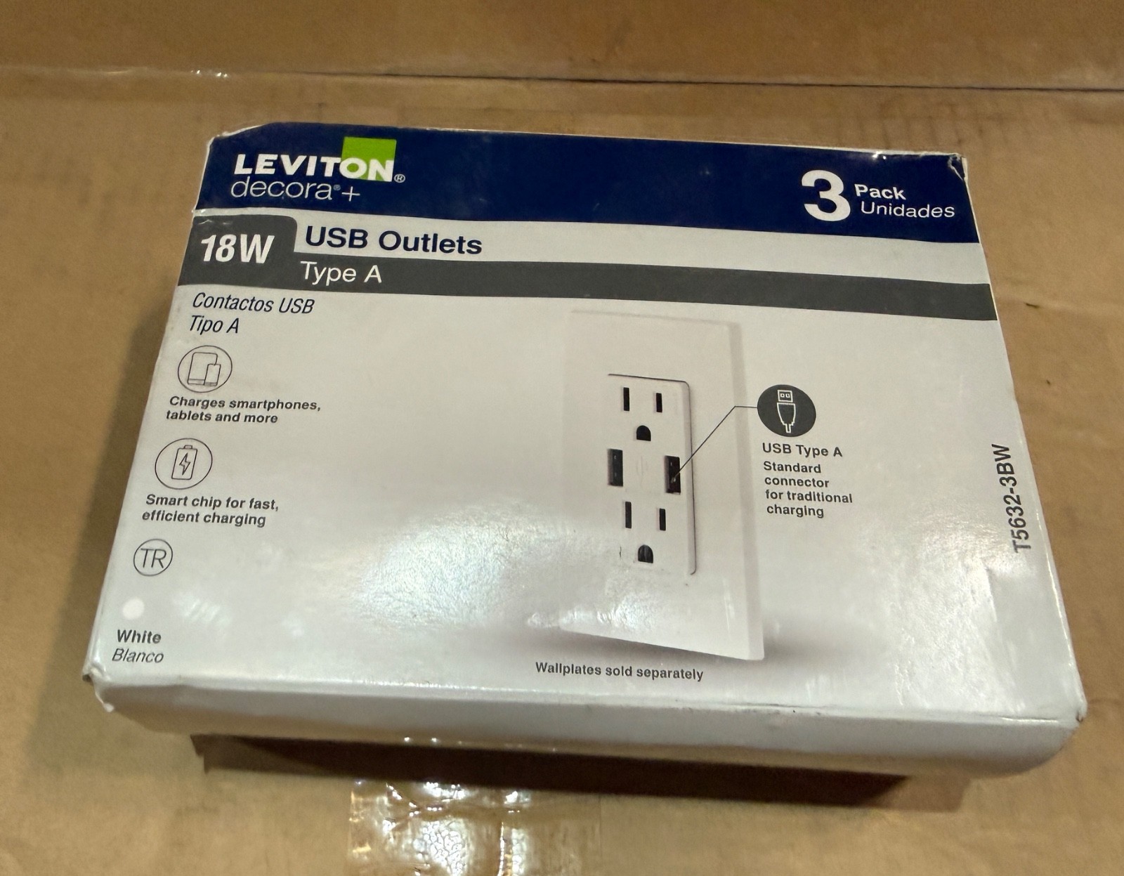Leviton T5632-3BW Decora+ 18W USB Type A Outlet White 3 Pack Tamper Resistant