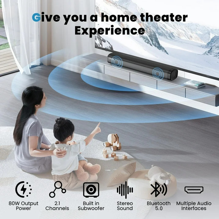 2.1 Channel Sound Bar 80W Built-in Subwoofer HDMI ARC Bluetooth 5.0 DSP Surround