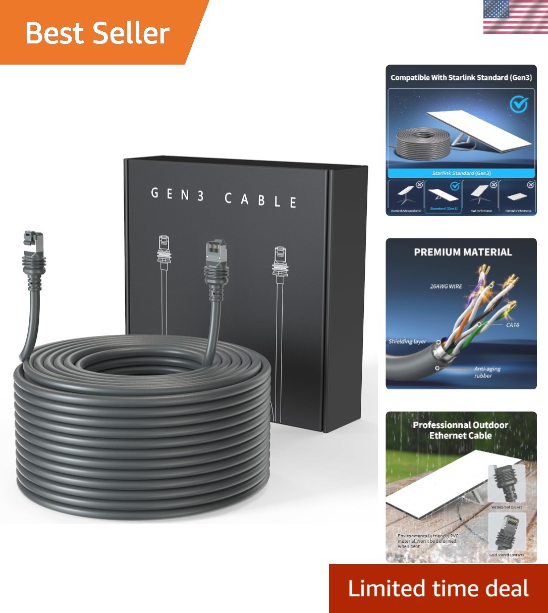 100FT Outdoor Ethernet Cable for Starlink Gen 3/4/4X - Interference-Free
