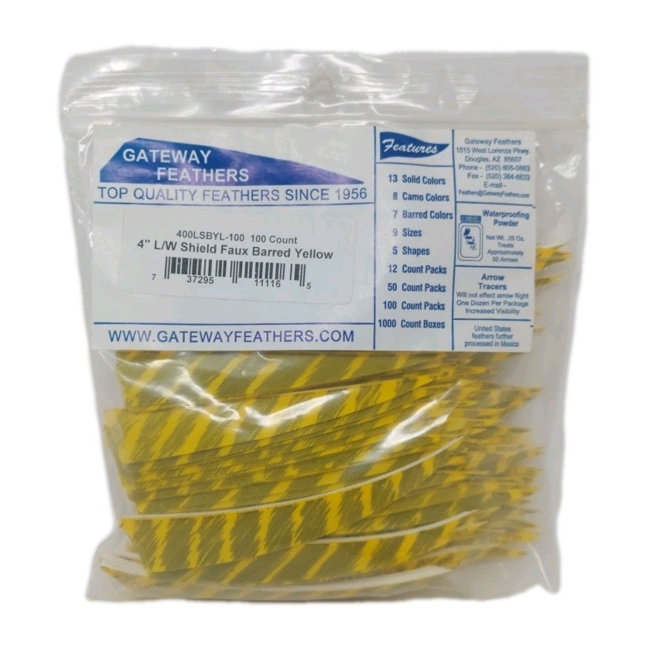 100 Pack Gateway Feathers 4" Left Wing: Shield Faux Barred Yellow 400LSBYL-100