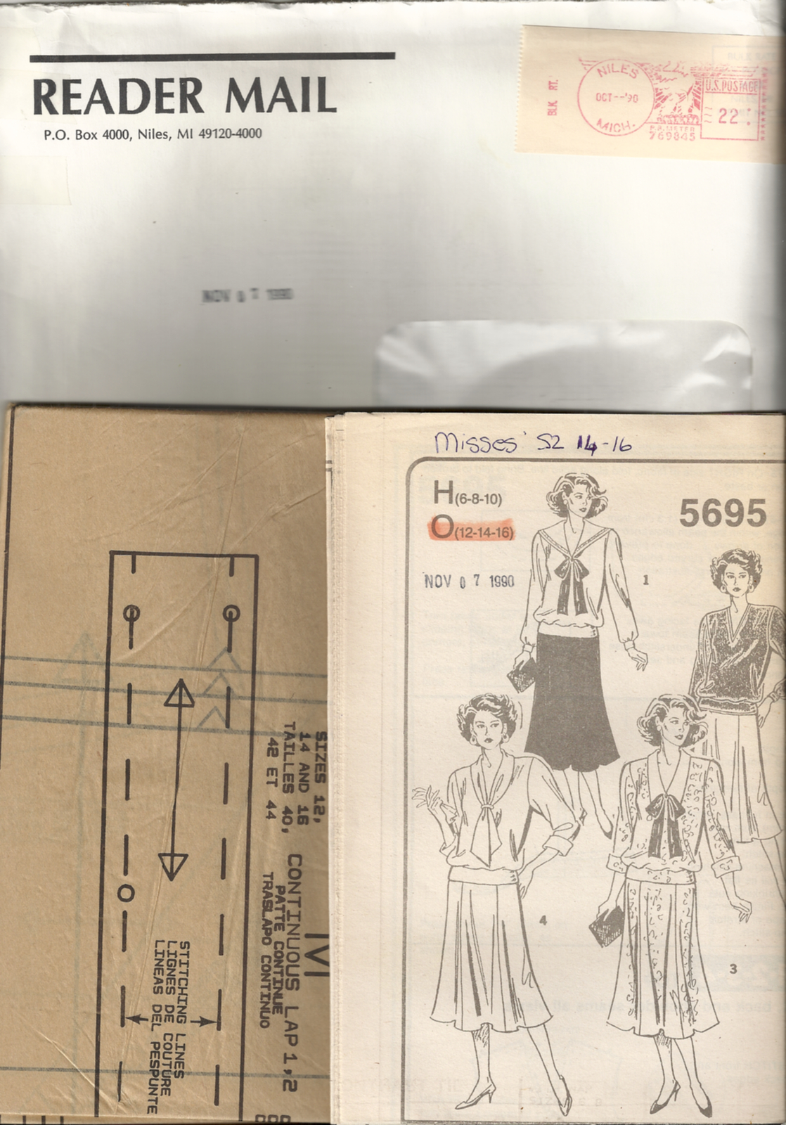 READER MAIL 5695 MISSES' SIZE 14-16 TWO-PIECE DRESS SEWING PATTERN ©1990