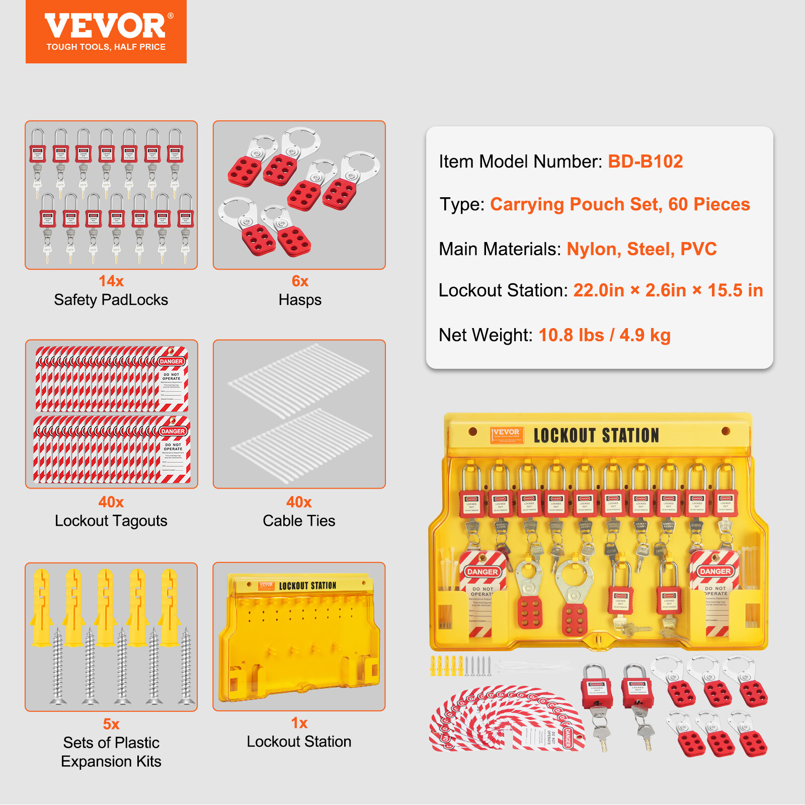 VEVOR 60 PCS Electrical Lockout Tagout Kit Safety Padlocks Hasps Tags Ties Board