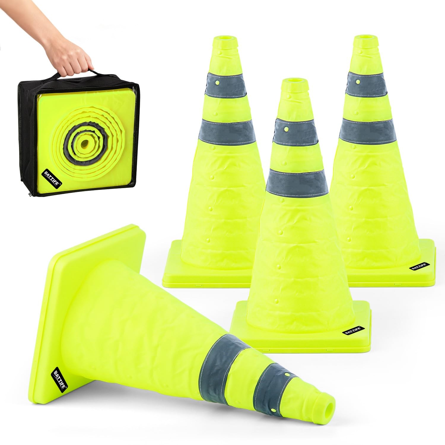 BATTIFE [4 Pack] 18 Inch Collapsible Traffic Cones, Lime 18inch, Green