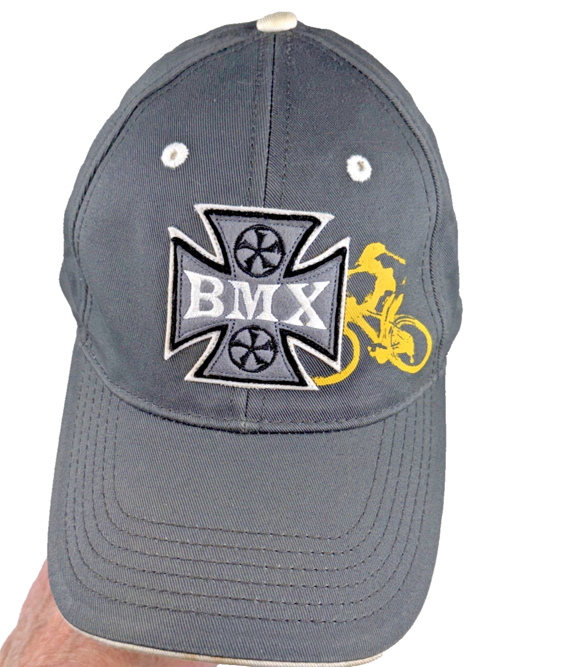 BMX Cross w Gold Bike Stamp on Gray Youth Cotton Hat Cap Hook Loop
