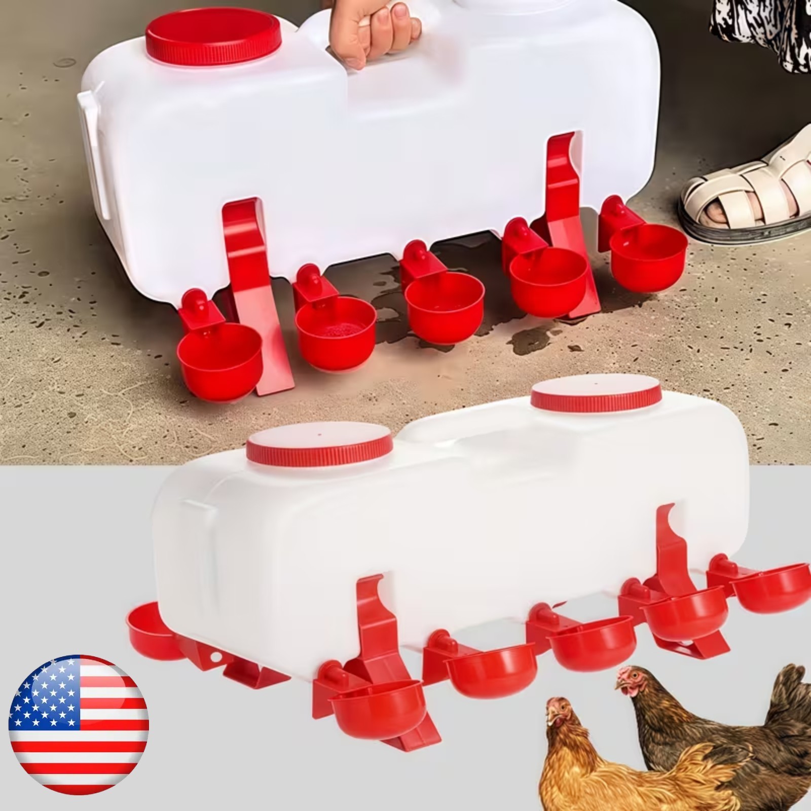 Semi-Auto Chicken Waterer with 10 Drinking Cup for Chickens Ducks Geese 2.5 Gal