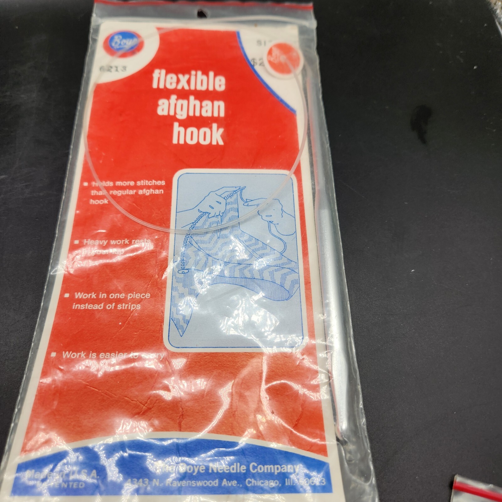 Boye 20" Flexible Aluminum Afghan Hook Size J 6213 Silver VTG NOS