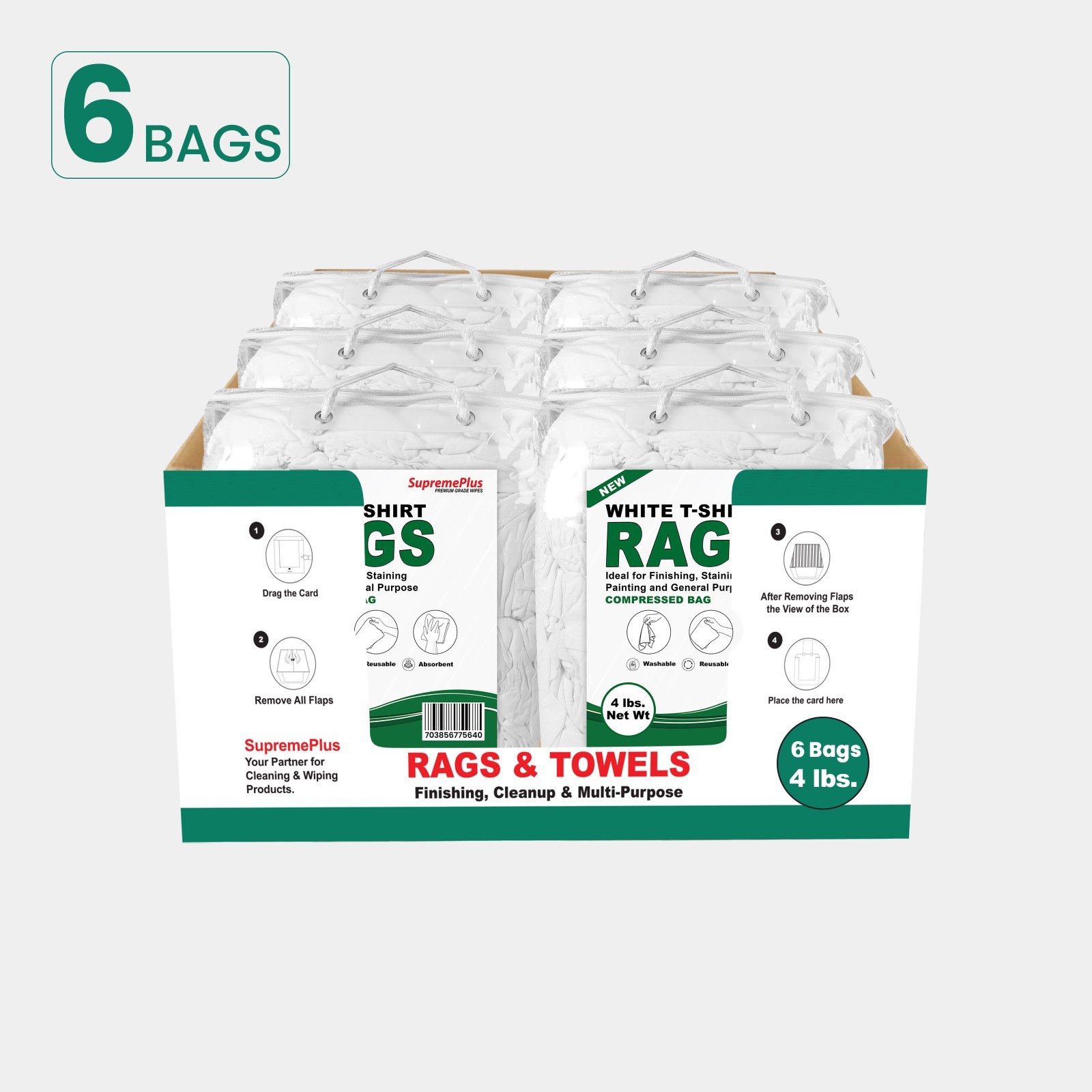 New White Knit T-Shirt Wiping Rags - 4 lbs. Bags (Case of 6) Multipurpose Cloths