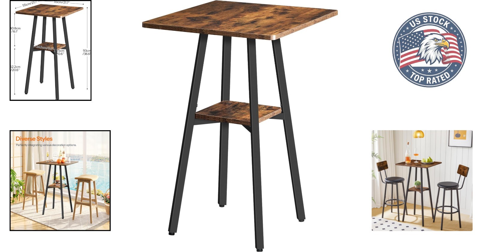Rustic High Top Bar Table - 36.6” Counter Height with 2-Tier Storage Design