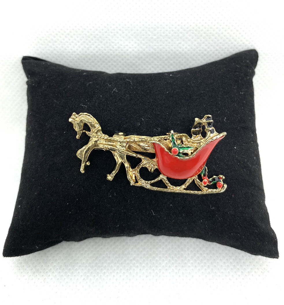 Christmas Holiday Sleigh Brooch Pin Red Holly Horse Gold Tone D8