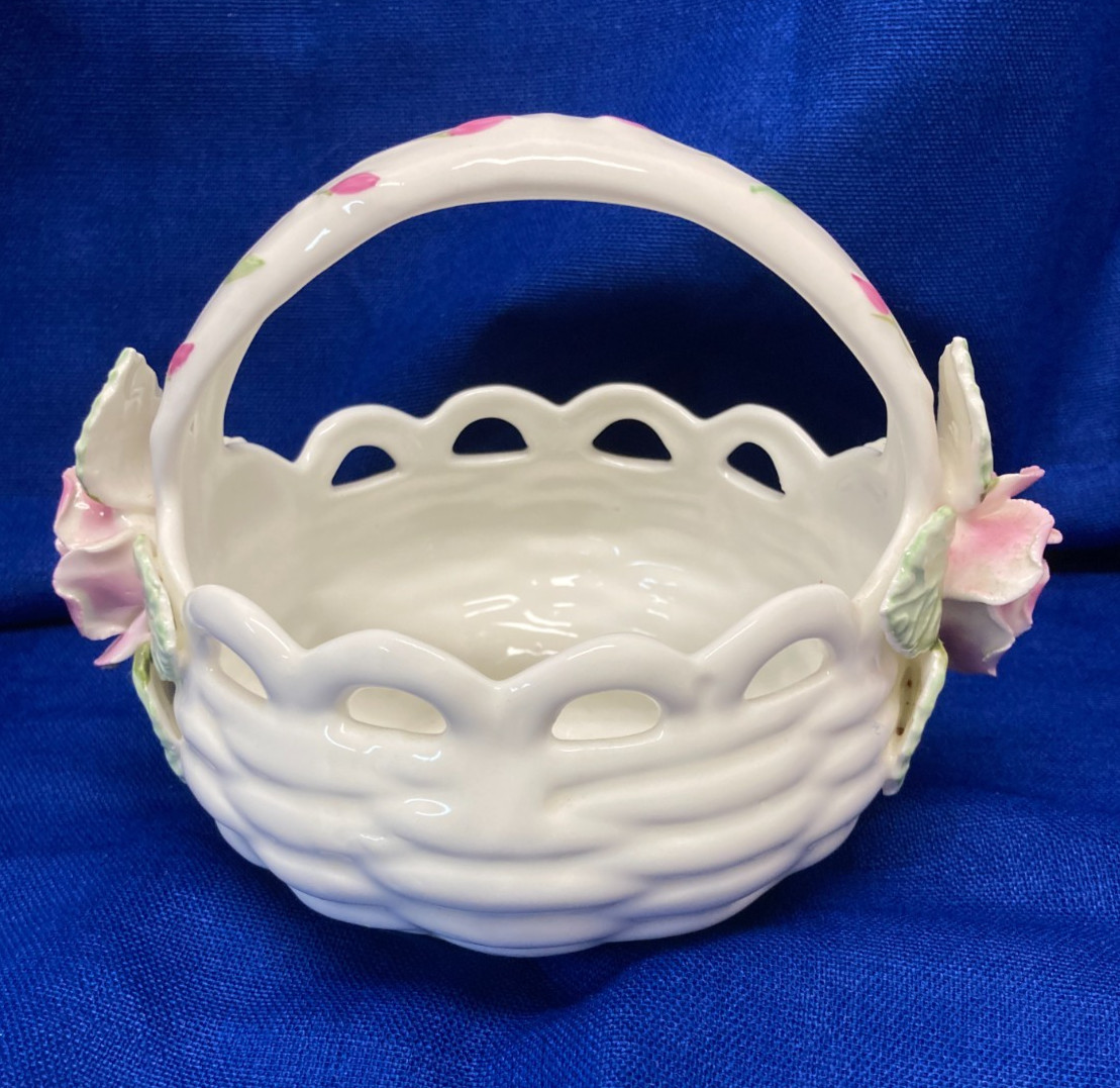 Vintage Flower Basket Bowl Pia RPA 1986 Pink Roses China Made - Philippines 6 in