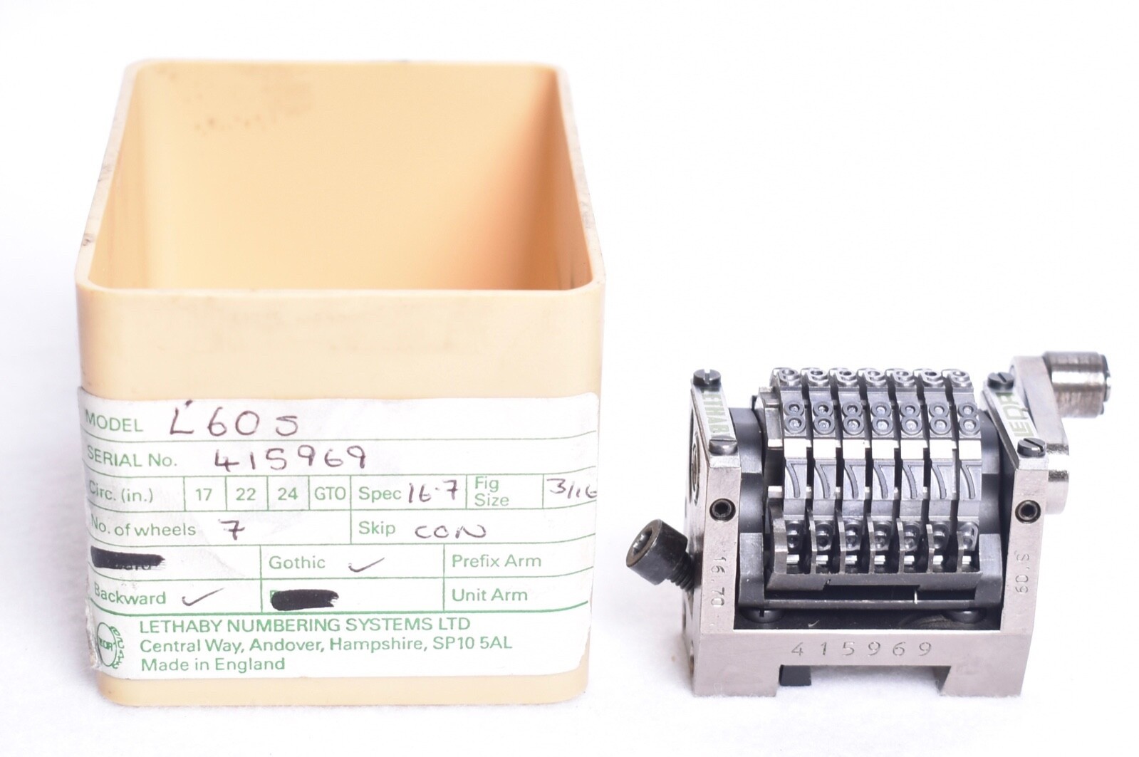 Lethaby Leda Rotary 7 Digit Numbering Machine 16.7" 3/16" L605