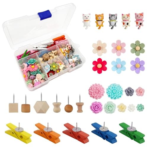 72-Piece Decorative Push Pins with Storage Box, Cute Assorted Cat, Flower &
