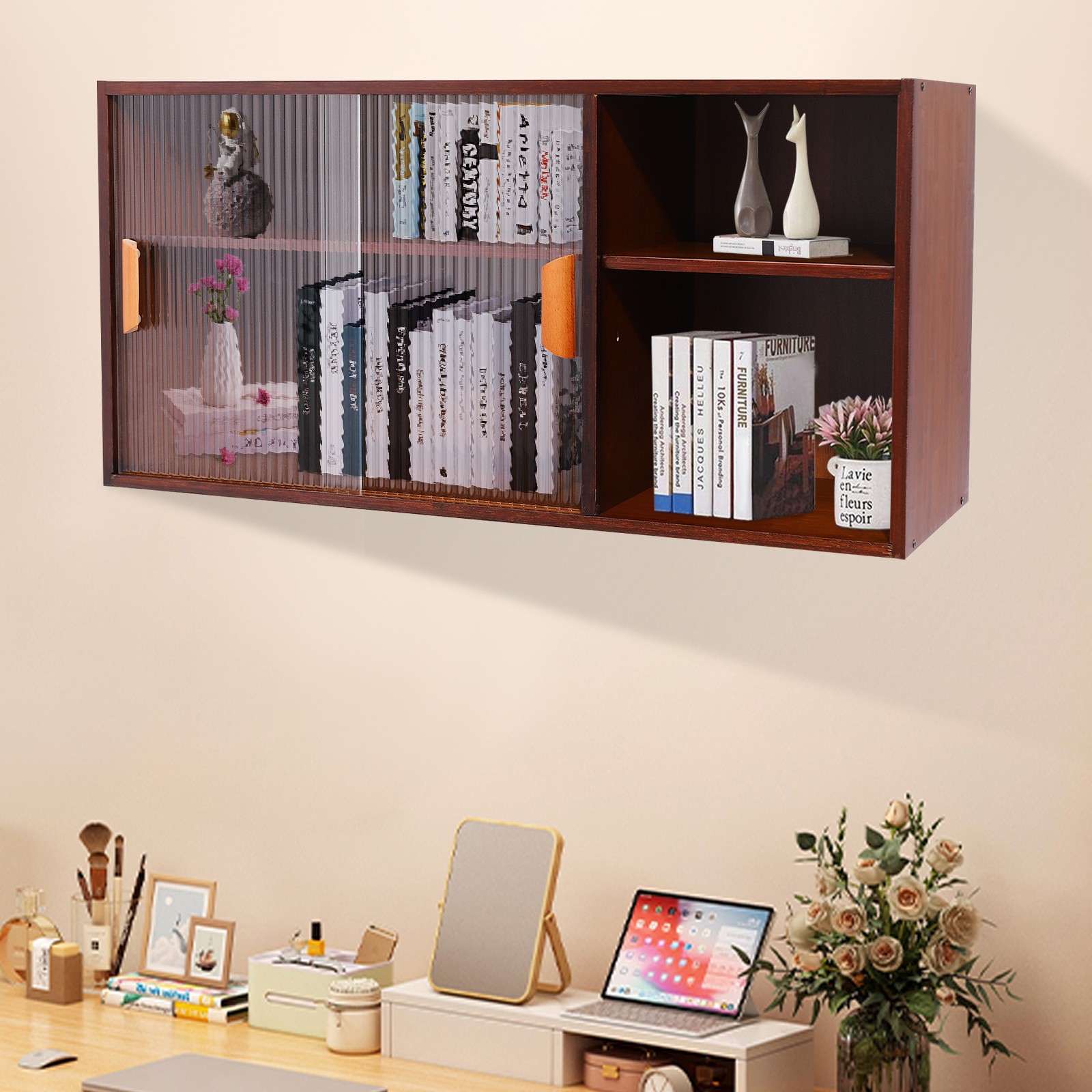 2 Tier Modern Walnut Cupboard, Plate/Cup Storage Cabinet, Kitchen Pantry Cabinet