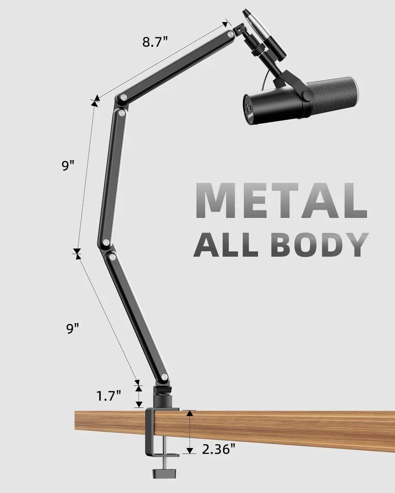 Rotatable Mic Arm with Clamp Boom Arm for Light Mics 3/8'' 5/8'' Thread.