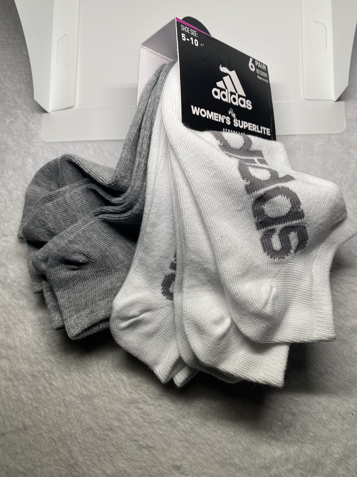 ADIDAS Women Superlite Sz 5-10 No-Show 6 Pairs Gray White Socks Athletic Sports