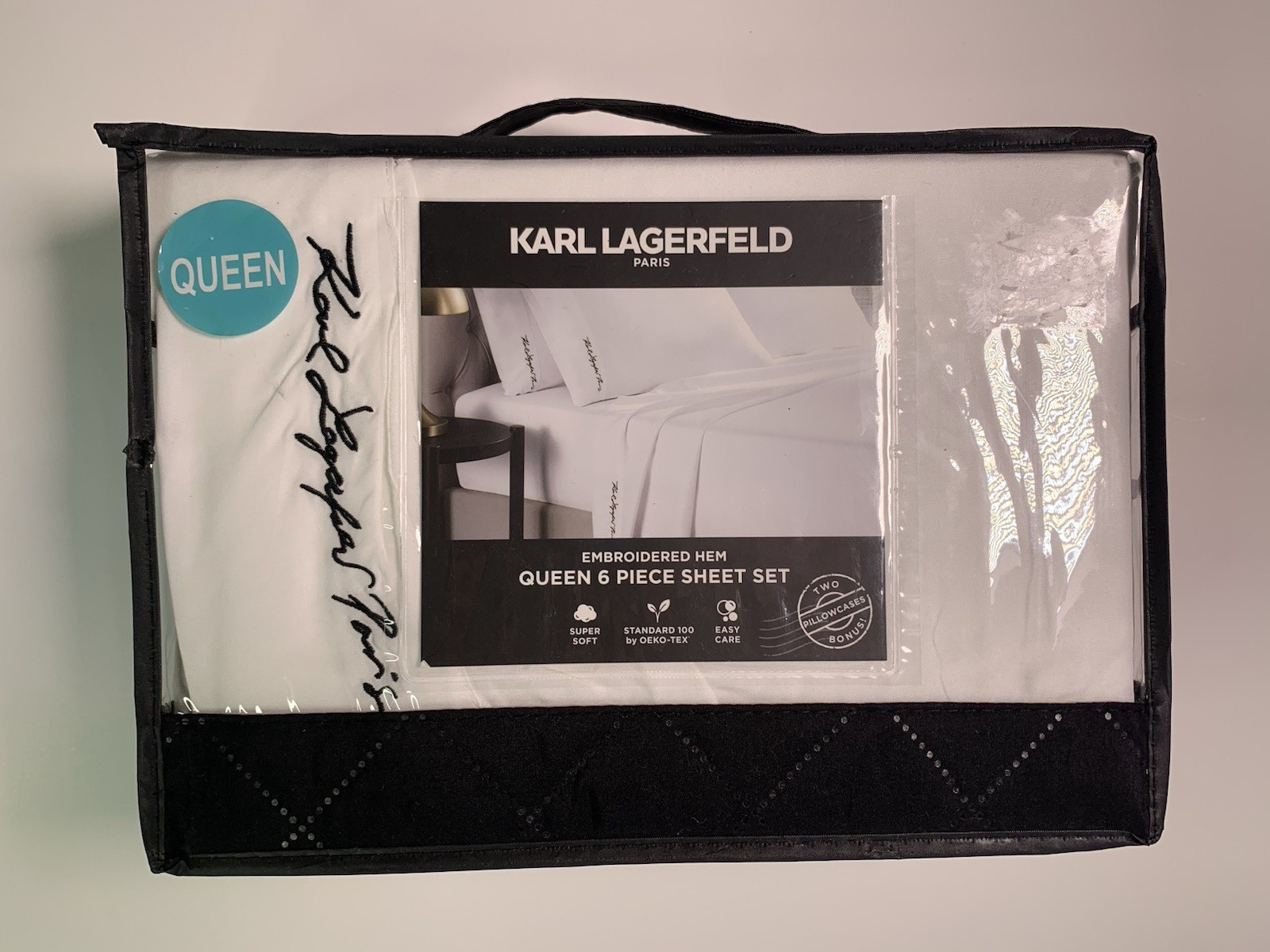 KARL LAGERFELD Queen Size White Super Soft Embroidered HEM 6 Piece Sheet Set