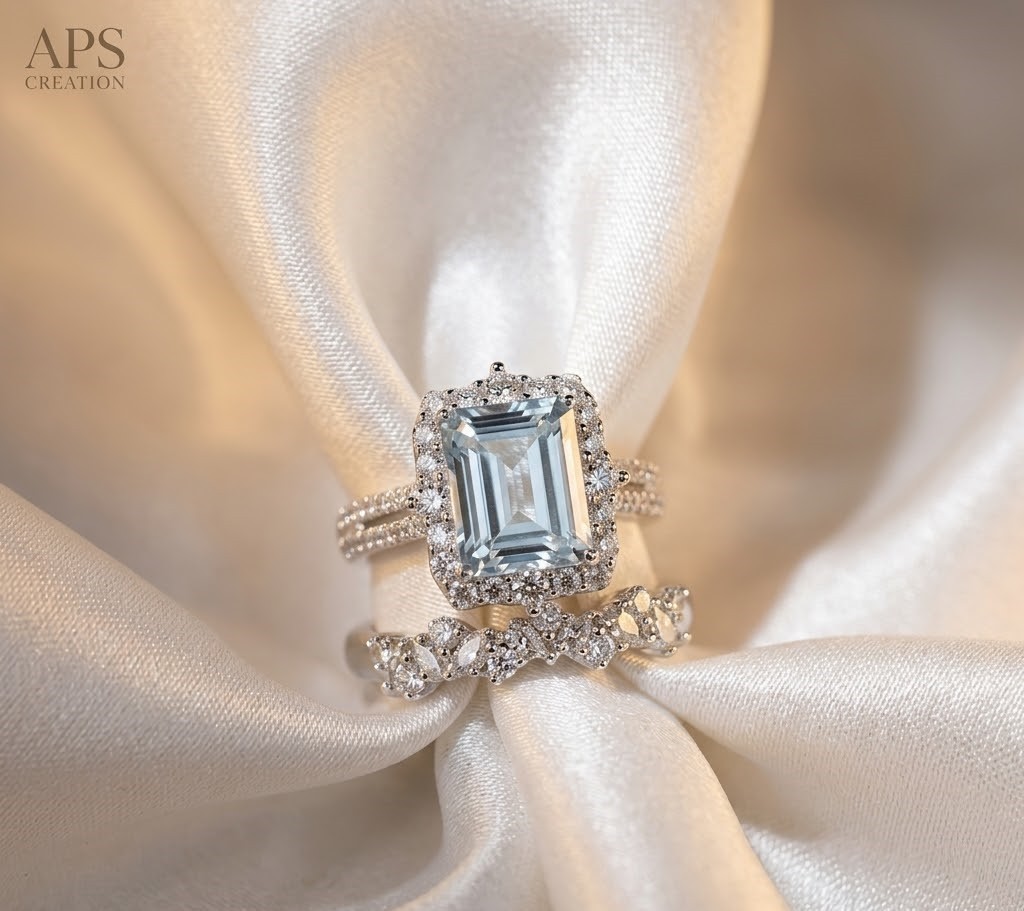 3Ct Emerald Cut Moissanite Aquamarine Bridal Ring  only side Band