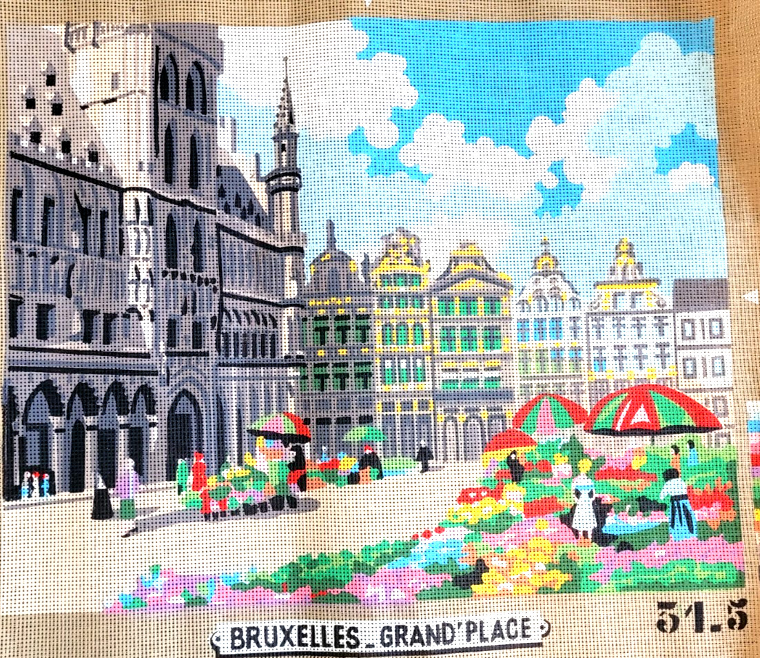 Brussels (Bruxelles) Grand Place painted canvas, 31.5 w/kitted DMC Laine Colbert