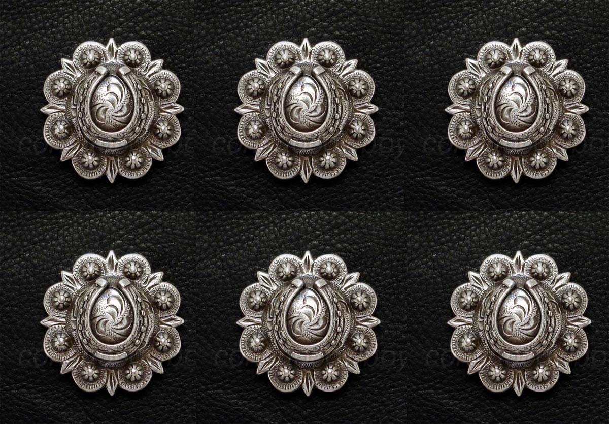 Set of 6 WESTERN SADDLE TACK 1 inch ANTIQUE HORSE SHOE BERRY CONCHOS screw back