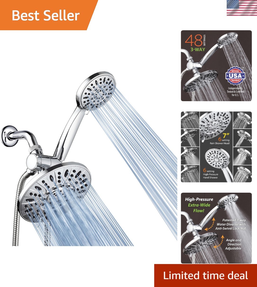 3-Way Luxe Rainfall Shower Head and Handheld Shower - 6 Settings, Chrome Finish