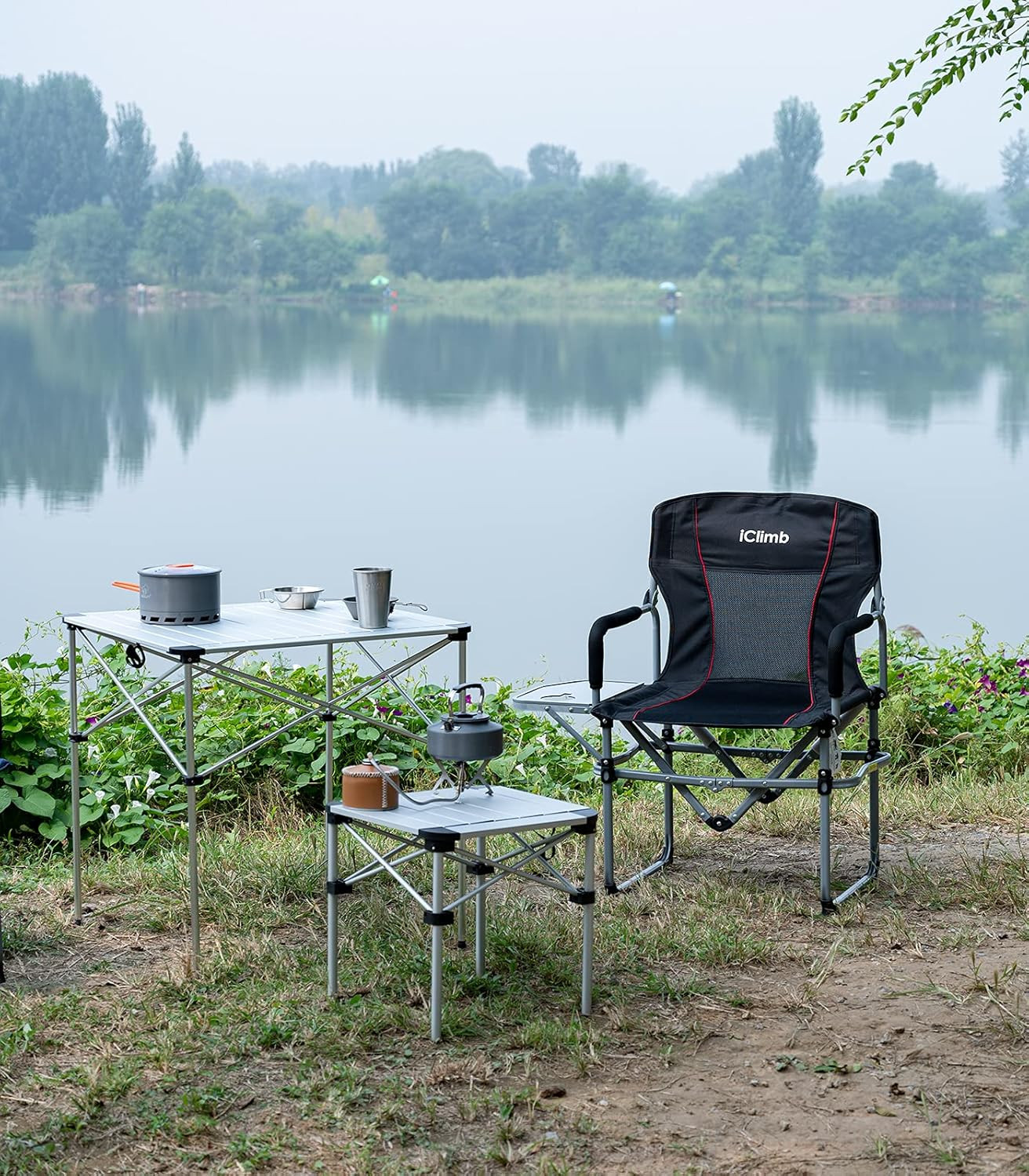Heavy Duty Compact Camping Folding Mesh Chair with Side Table and Handle
