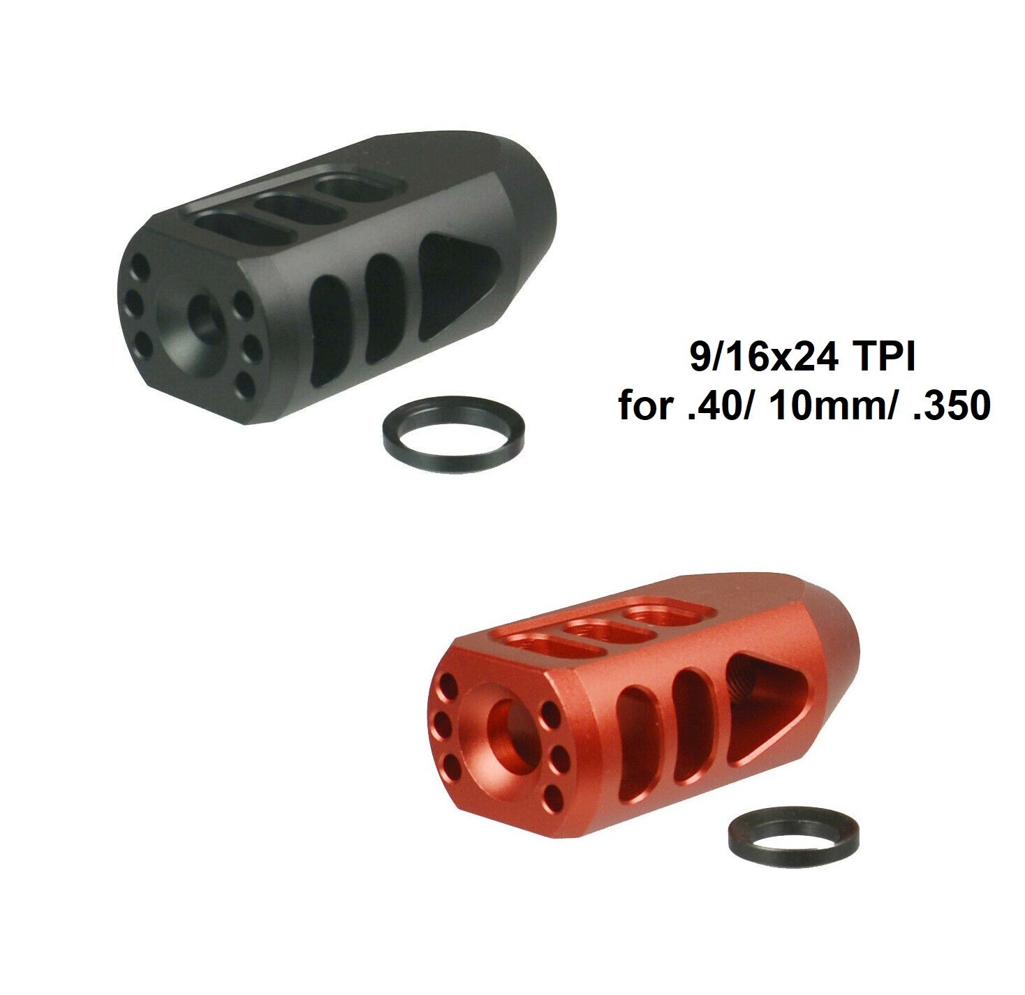 9/16x24 TPI, Tanker Muzzle Brake Compensator for .40/10mm/.350, Black or Red