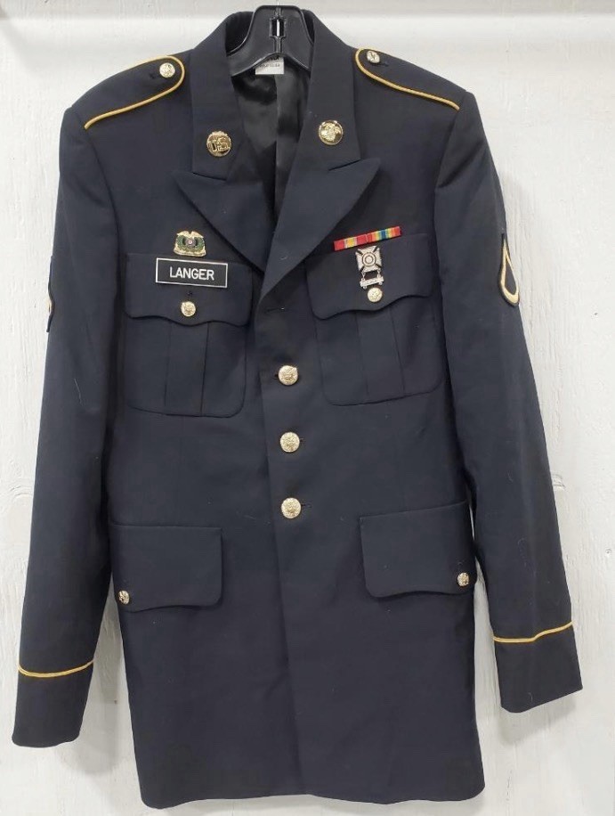 US Army Dress Blue Uniform Coat Jacket 38L Decorated Medals Ribbons Langer
