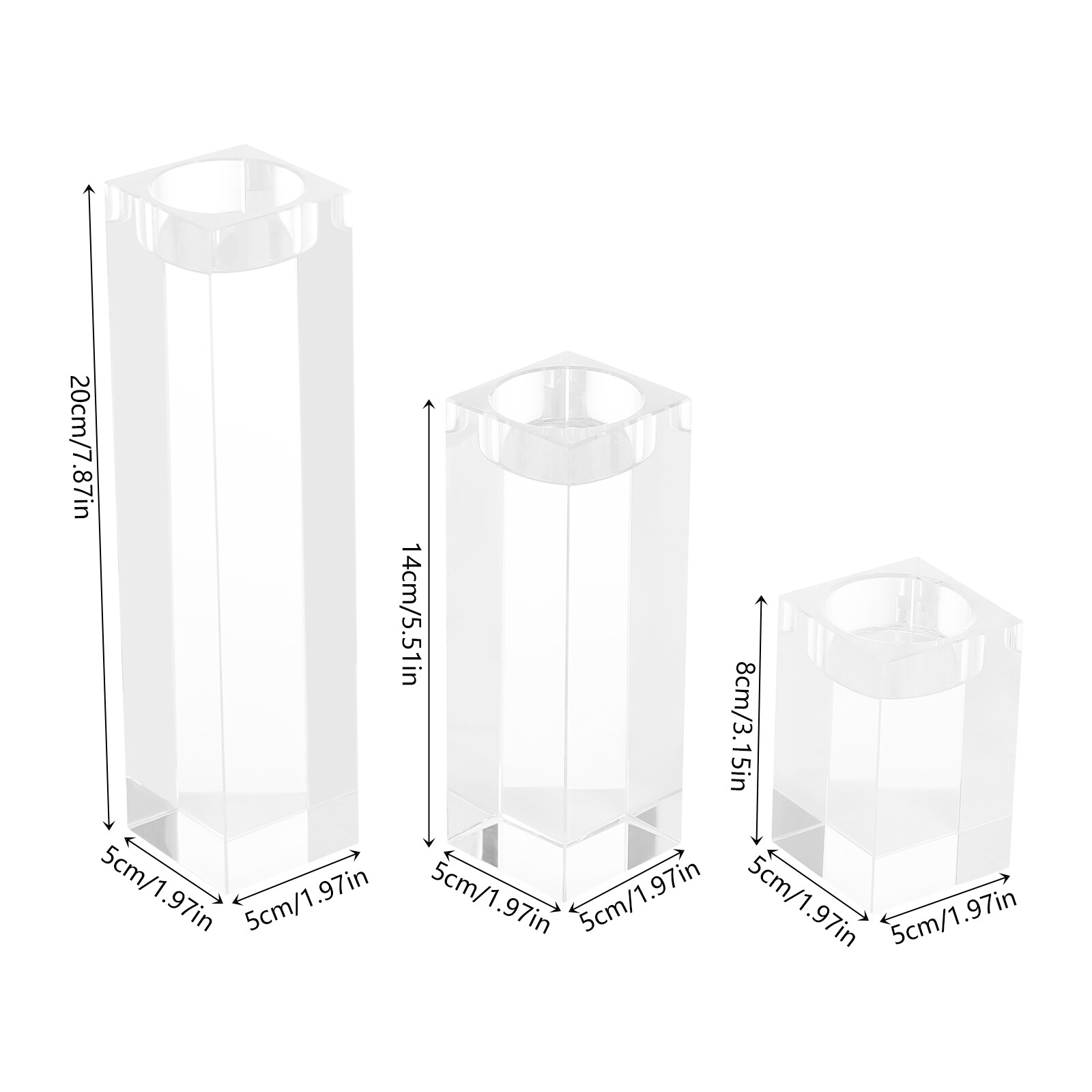 Set of 3 Glass Candle Holder, Crystal Clear Pillar Candle Stand 1.97"Square