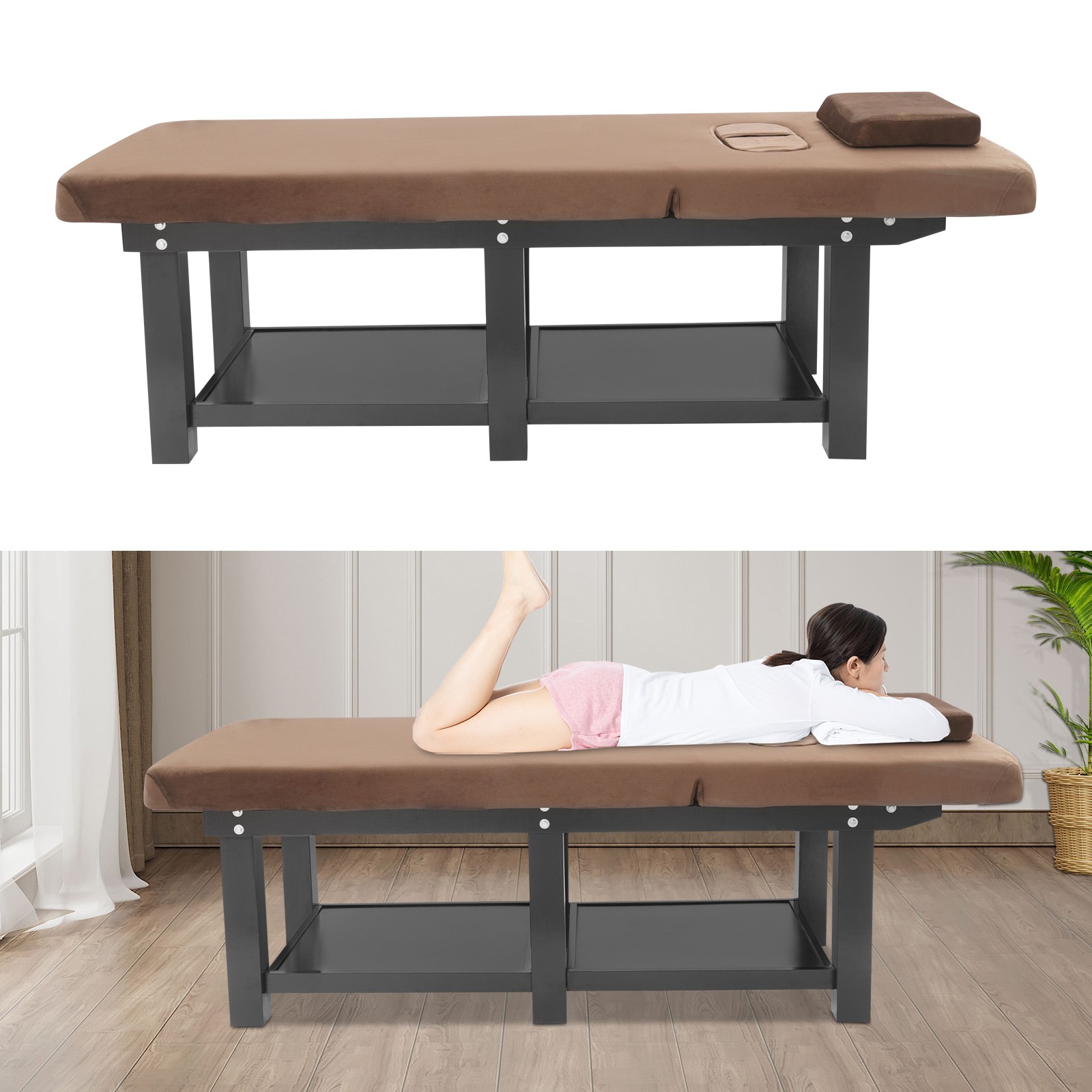 Massage Table 190cm Solid Wood with Velvet Cloth and Storage Rack