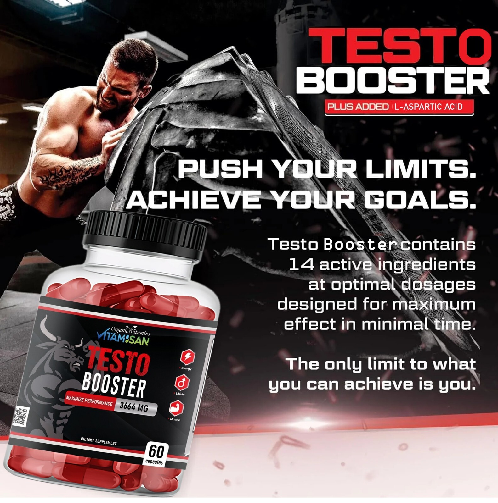Testo Booster Supplement for Men 60 Caps | Vitality, Stamina, Energy | Vitamisan
