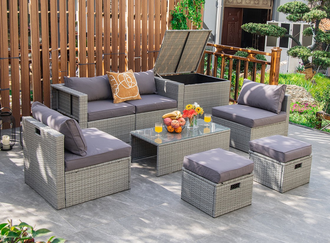 8PCS Patio Furniture Set Space-Saving Conversation Set w/ Waterproof Cover