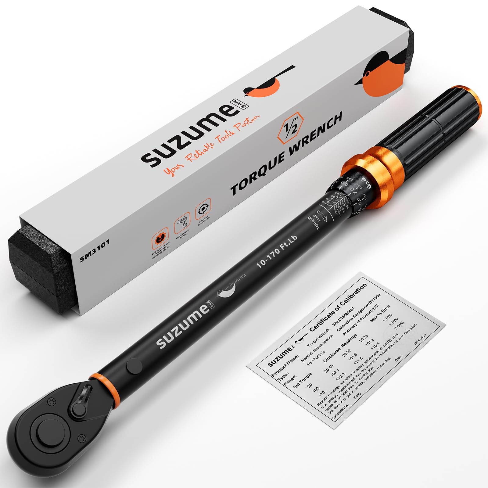 SUZUME Torque Wrench 1/2 Drive (10-170 Ft. Lb/ 14-231 10-170 Ft.Lb, Black