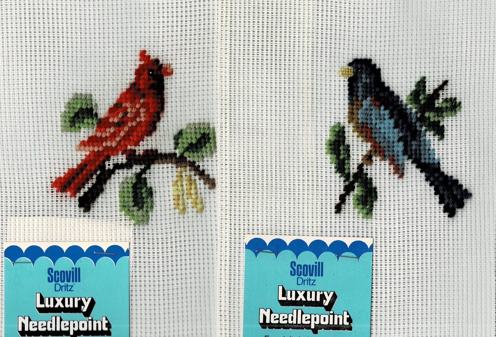 RED BIRD AND BLUE BIRD NEEDLEPOINT DRITZ CANVAS-APPROX. 7" x 9"  EACH
