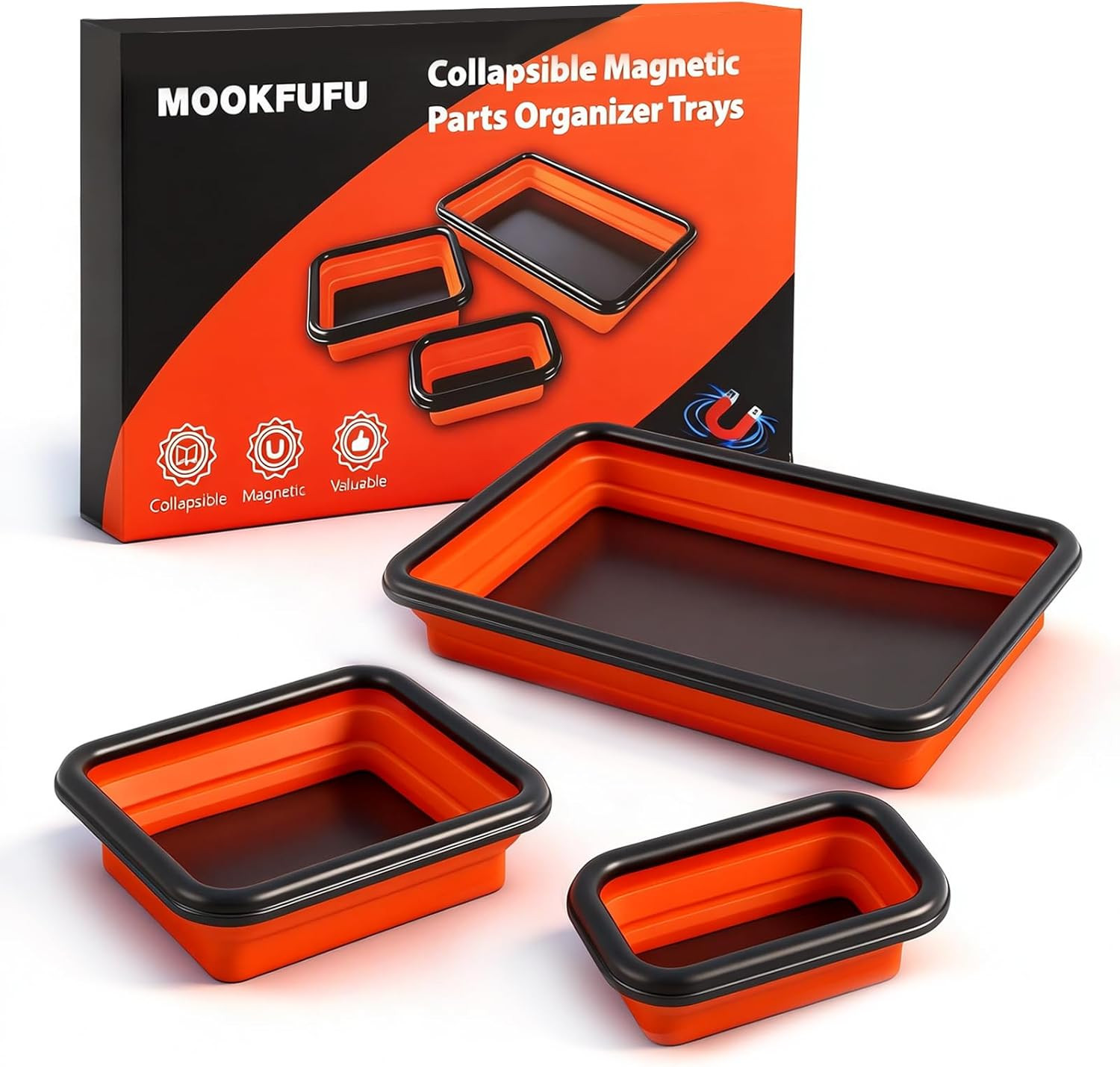 Collapsible Magnetic Parts Tray Set with Extra Strong Magnet up to 18LB, 3