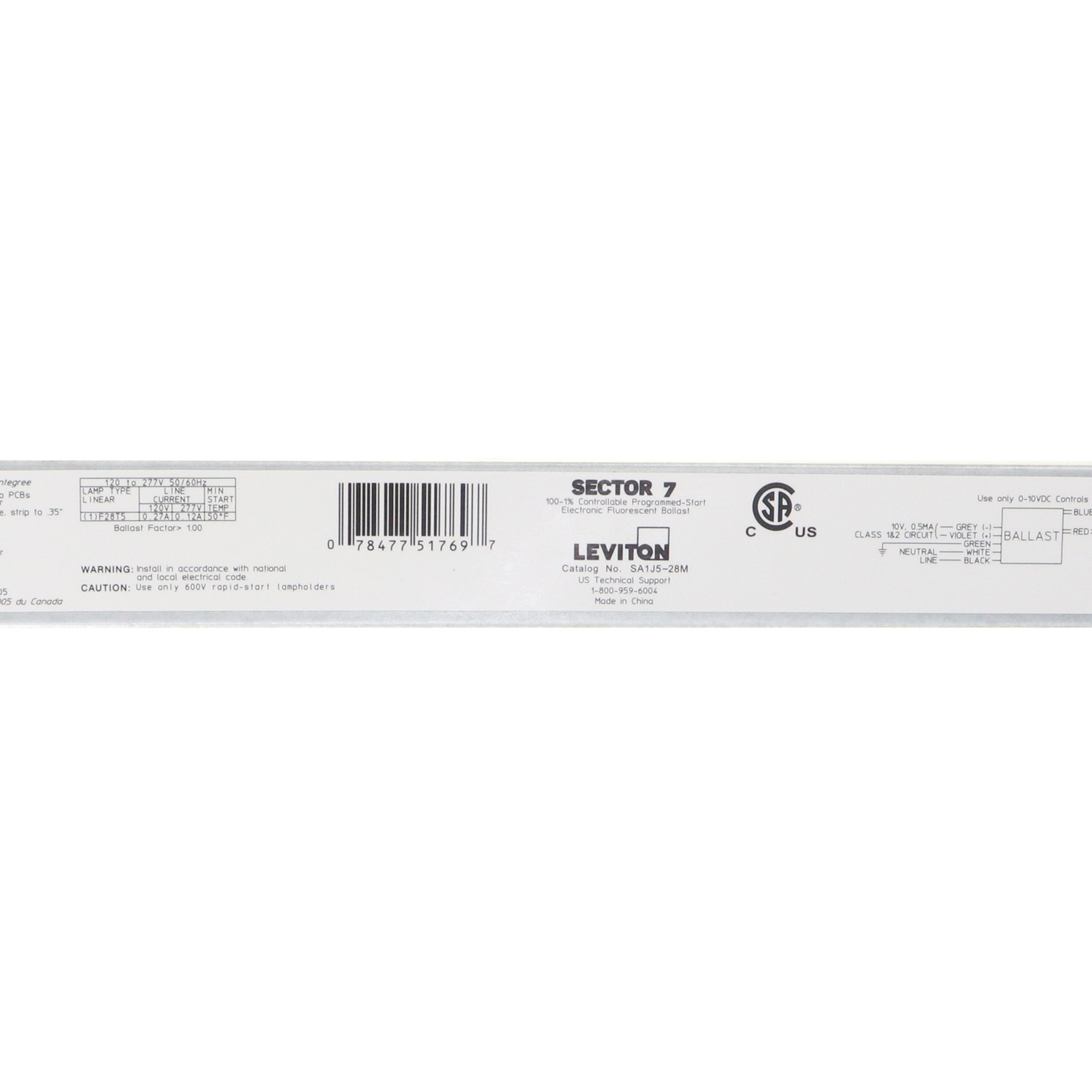 LEVITON SA1J5-28M SECTOR-7 DIMMING BALLAST, 0-10V, 1-LAMP, 28W T5, 120/277V