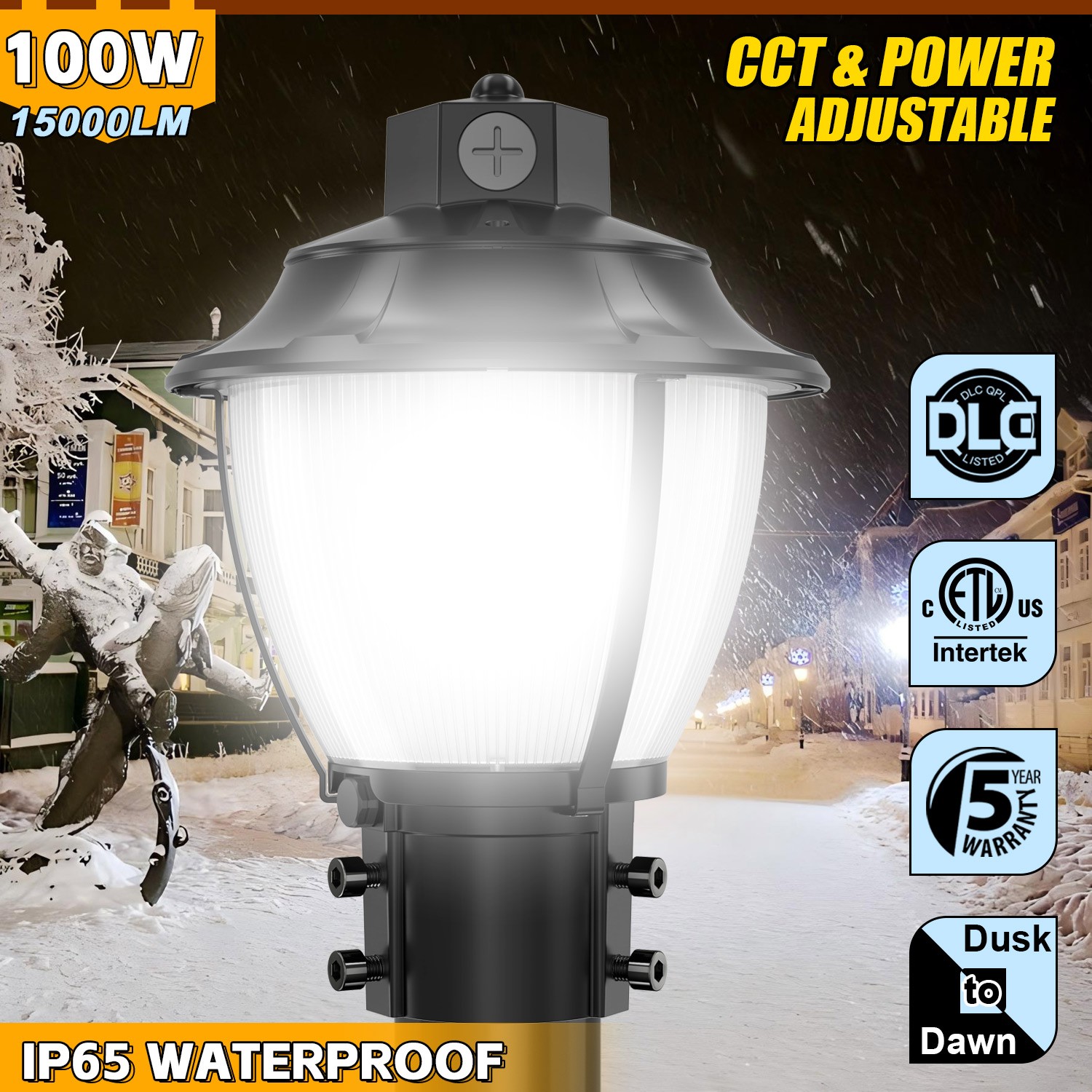 100W LED Post Top Light Outdoor Garden Yard Pole Fixtures Dusk to Dawn 3K/4K/5K