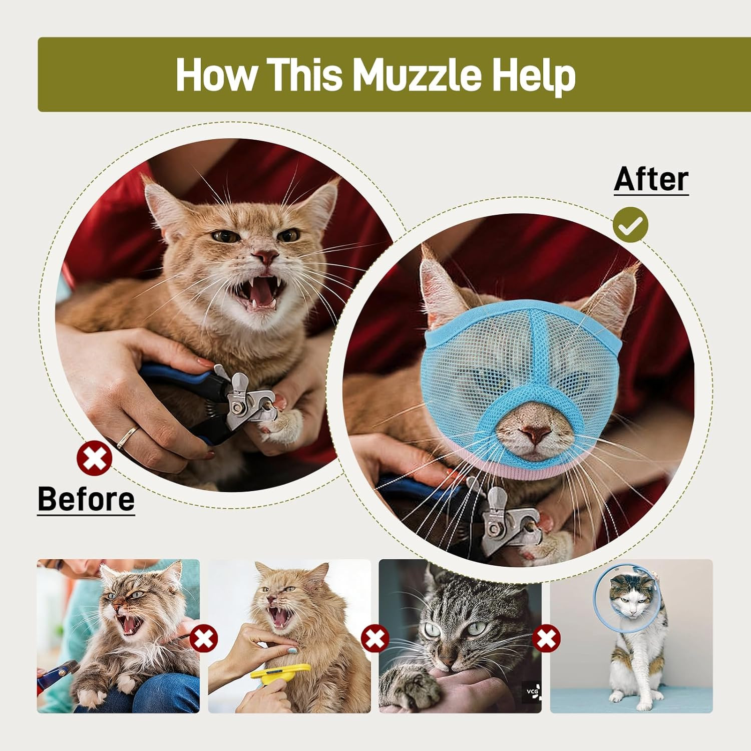 2Pcs Cat Muzzle for Grooming & Nail Trimming, Breathable Mesh Muzzles to Prevent